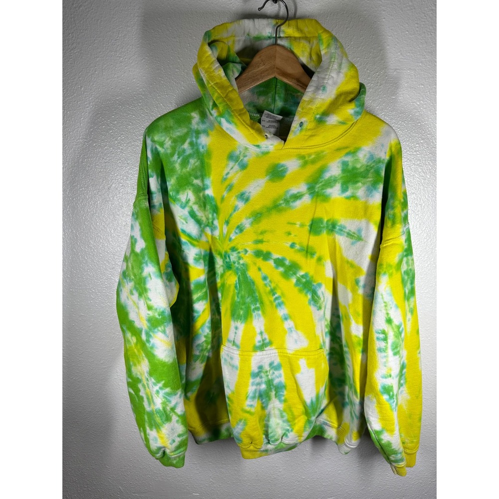 Gildan Hoodie Mens XL Green Yellow Ultra Cotton Tie Dye Spiral Pullover 6918